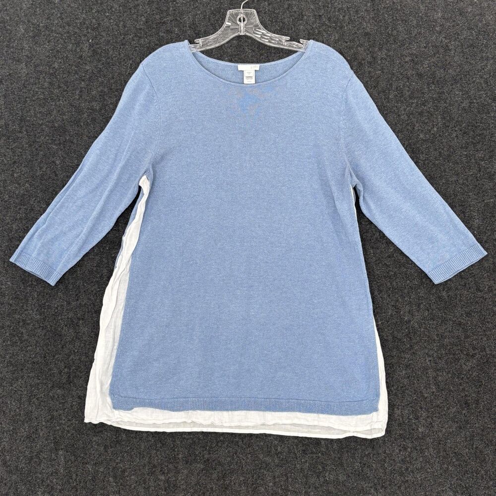 J Jill Sweater Women's Medium Blue Linen Blend 3/4 Sleeve Tunic Top Pullover